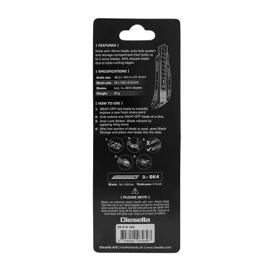 Kniv med 18 mm knivblad, Automatisk lås og magasin med 2 ekstra knivblade